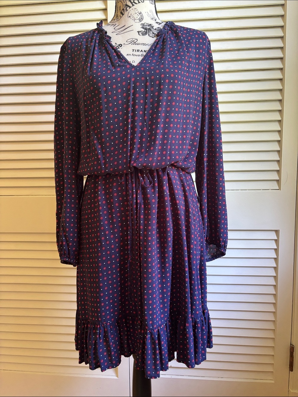 Draper James Navy & Red Floral Print Long Sleeve Tie Waist Dress L